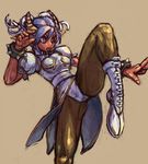  bracelet chiaki_(tom910) china_dress chinese_clothes chun-li chun-li_(cosplay) cosplay dress fighting_stance horns jewelry open_mouth original pantyhose pelvic_curtain pointy_ears solo spiked_bracelet spikes street_fighter yellow_eyes 