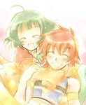  1girl farah_oersted green_hair grin hug mochizuki_(riyo) red_hair rid_hershel smile tales_of_(series) tales_of_eternia 