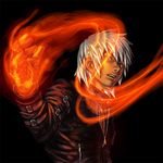  fire gloves jacket k' katou_teppei leather leather_jacket male_focus orange_eyes pyrokinesis solo the_king_of_fighters white_hair 