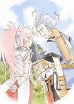  2girls angry arche_klein armor blonde_hair blue_eyes blush chester_barklight cless_alvein gloves grey_hair hat k-mame long_hair mint_adenade multiple_boys multiple_girls pink_eyes pink_hair ponytail tales_of_(series) tales_of_phantasia 