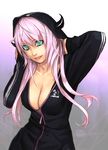  aqua_eyes bad_id bad_pixiv_id breasts center_opening cleavage collarbone hood large_breasts lips lipstick long_hair makeup original pink_hair solo unzipped yuuji_(and) 