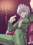  alternate_costume ashtray bad_id bad_pixiv_id blue_eyes braid cigarette contemporary couch hands izayoi_sakuya kurokuro lips open_clothes open_shirt serious shirt short_hair silver_hair smoking solo touhou track_suit twin_braids unzipped yaranaika 