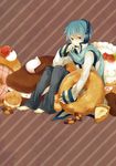  bad_id bad_pixiv_id barefoot blue_eyes blue_hair cake checkerboard_cookie cookie cream_puff doughnut food headphones kaito male_focus pastry pie sabutarou scarf sitting solo vocaloid 