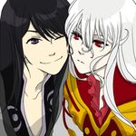  black_eyes black_hair duke_pantarei long_hair male_focus multiple_boys one_eye_closed red_eyes silver_hair smile tales_of_(series) tales_of_vesperia unotora yuri_lowell 