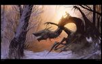  dragon fantasy forest knife monster multiple_boys nature randis snow tree wings 