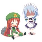  braid chibi closed_eyes full_body hat hong_meiling izayoi_sakuya knife long_hair maid meito_(maze) multiple_girls red_hair silver_hair sleeping standing touhou twin_braids 