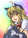  ahoge animal_ears bad_id bad_pixiv_id blonde_hair braid cat_ears fang hands hat hat_removed headwear_removed holding holding_hat kemonomimi_mode kirisame_marisa kurokuro lips short_hair smile solo touhou witch_hat yellow_eyes 