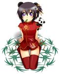  animal_ears bamboo_blade black_hair bob_cut china hair_ornament hair_ribbon kawazoe_tamaki leaf mouth_hold panda panda_ears purple_eyes ribbon short_hair short_shorts shorts side_ponytail sio_(rough) solo thighhighs 