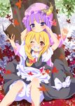  :&lt; blonde_hair book braid hat kirisame_marisa leaf long_hair miyao_ryuu multiple_girls one_eye_closed patchouli_knowledge purple_eyes purple_hair short_hair touhou witch_hat yellow_eyes 