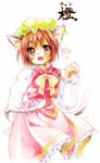 animal_ears brown_eyes brown_hair cat_ears chen choco_(moyasi) colored_pencil_(medium) earrings fang hat heart highres jewelry multiple_tails paw_pose short_hair solo tail touhou traditional_media 