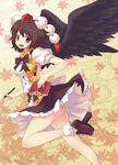  ass black_hair black_wings geta hat legs looking_at_viewer nemou notebook open_mouth pencil red_eyes shameimaru_aya short_hair smile solo tengu-geta tokin_hat touhou wings 