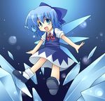  :d blue_eyes blue_hair bow cirno ice looking_at_viewer mary_janes open_mouth outstretched_arms pure_(kawamoto_nami) shoes short_hair smile solo spread_arms touhou wings 