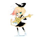  aqua_eyes bass_guitar blonde_hair boots chibi detached_sleeves dress full_body guitar hair_ornament hair_ribbon hairclip instrument kagamine_rin kagamine_rin_(roshin_yuukai/hard_rkmix) kanikama long_hair ribbon roshin_yuukai_(vocaloid) simple_background solo standing thighhighs twintails vocaloid 