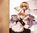  alice_margatroid bad_id bad_pixiv_id blonde_hair blue_eyes blush book braid fang hair_ribbon hairband kirisame_marisa long_hair marisu multiple_girls open_mouth purple_eyes ribbon short_hair side_braid skirt touhou 