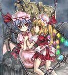  bad_id bad_pixiv_id bat_wings blonde_hair chain flandre_scarlet hat holding_hands kneeling light_trail looking_back multiple_girls one_side_up ponytail red_eyes remilia_scarlet short_hair siblings sisters sitting takemori_shintarou touhou wings 