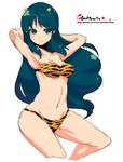  animal_print aqua_eyes aqua_hair armpits arms_behind_head arms_up bikini collarbone cropped_legs eyebrows_visible_through_hair eyeshadow green_eyes green_hair horns light_smile long_hair lum makeup midriff navel oni onija_tarou simple_background sketch solo swimsuit tiger_print urusei_yatsura watermark web_address white_background 