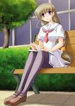  absurdres amesarasa bench blush book brown_hair bush fujinomori_hanaka glasses highres long_hair mary_janes miyabi_juri open_mouth pantyhose purple_eyes school_uniform shoes sitting solo tree very_long_hair window 