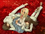  2girls alucard_(hellsing) barefoot black_hair blonde_hair blue_eyes cross girlycard glasses hellsing integra_hellsing long_hair multiple_girls red_eyes solid&amp;etc vampire 