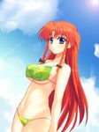  bikini blue_eyes braid breasts day hong_meiling large_breasts long_hair midriff navel red_hair solo swimsuit takadoya touhou twin_braids 