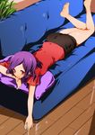  bad_id bad_pixiv_id barefoot couch eyelashes feet fresh_precure! hands higashi_setsuna highres legs lying mouth_hold nishiuri_warito on_stomach pillow precure purple_hair smile solo 