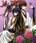  absurdres bug butterfly code_geass dragon flower highres insect kururugi_suzaku lelouch_lamperouge long_sleeves multiple_boys rose tsunoda_uei 