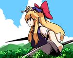  alice_margatroid blonde_hair doll dual_wielding epurasu forest giantess goliath_doll hairband holding lance long_hair multiple_girls nature object_on_head pointing pointing_forward polearm purple_eyes ribbon touhou tree weapon 