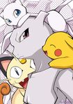  bad_pixiv_id frown gen_1_pokemon meowth mew mewtwo nintendo no_humans pikachu pokemon pokemon_(creature) smile xruka 