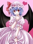  bat_wings bikuto_ryuu blue_hair dress finger_licking hat hat_ribbon heart licking red_eyes remilia_scarlet ribbon short_hair solo tongue touhou wings wrist_cuffs 