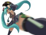  angry aqua_eyes aqua_hair foreshortening hat hatsune_miku kicking long_hair motion_blur necktie open_mouth skirt solo spring_onion thighhighs twintails van-s vocaloid 