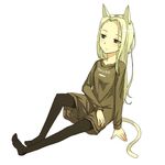  animal_ears bad_id bad_pixiv_id blonde_hair blush copyright_request feet ikura_hato long_hair oversized_clothes pantyhose sitting solo tail 