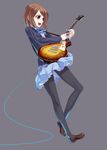  absurdres brown_eyes brown_hair bullet_hole guitar hamada_youho highres hirasawa_yui instrument k-on! legs lucille_(beck) pantyhose school_uniform solo 
