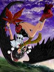  bad_id bad_pixiv_id black_hair black_wings blue_eyes camera enclosed0 fan geta hat highres looking_at_viewer mask shameimaru_aya short_hair sky solo tengu-geta tengu_mask tokin_hat touhou upside-down wings 