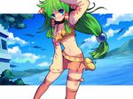  bad_id bad_pixiv_id blue_eyes blush cloud day feena_(grandia) grandia green_hair hair_ornament hill legs long_hair low-tied_long_hair midriff mountain navel no_nose ocean outdoors rugo sky solo thighhighs 