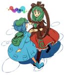  backpack bag blue_hair boots front_ponytail green_eyes green_hair hair_ribbon hat holding_hands kagiyama_hina kannari kawashiro_nitori multiple_girls ribbon touhou two_side_up 