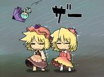  =_= [] aki_minoriko aki_shizuha blonde_hair blue_hair chibi crab crustacean food fruit grapes hat multiple_girls o_o purple_umbrella rain tatara_kogasa touhou typhoon umbrella wind 