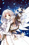  bouquet clamp clover_(manga) flower green_eyes holding lamp lily_(flower) long_sleeves official_art short_hair snow solo steampunk suu_(clover) white_hair wings winter 