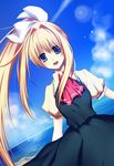  air bad_id bad_pixiv_id blonde_hair blue_eyes cloud day dutch_angle hair_ribbon highres juuya kamio_misuzu long_hair ocean outdoors ponytail ribbon school_uniform sky solo 