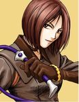  artist_request bob_cut brown_eyes brown_hair choker gloves jacket lowres short_hair solo the_king_of_fighters uniform whip whip_(kof) 