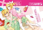  1girl ass barefoot blue_eyes brother_and_sister feet incest kagamine_len kagamine_rin kitano_tomotoshi legs looking_back nurse open_clothes open_shirt pill shirt siblings thermometer thighhighs twincest twins vocaloid 