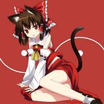  animal_ears arm_support blush bow brown_hair cat_ears cat_tail detached_sleeves gochou_(atemonai_heya) hair_bow hakurei_reimu kemonomimi_mode large_bow legs open_mouth ribbon short_hair solo tail touhou 