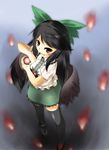  asymmetrical_clothes black_hair bow eyes from_above highres long_hair mepikari mismatched_footwear red_eyes reiuji_utsuho solo thighhighs touhou wings 