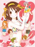  3girls asahina_mikuru bad_id bad_pixiv_id ball barefoot beachball bikini brown_hair chibi feet heart koizumi_itsuki kyon moffunnyo multiple_boys multiple_girls nagato_yuki picnic_basket shorts smile suzumiya_haruhi suzumiya_haruhi_no_yuuutsu swimsuit 