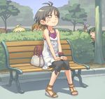  5girls :3 ahoge amami_haruka antenna_hair bag bench bush camcorder casual ebinera hagiwara_yukiho hiding hoshii_miki idolmaster idolmaster_(classic) kikuchi_makoto multiple_girls otonashi_kotori sandals sitting stalking staring 