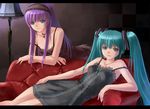  aqua_eyes aqua_hair bad_id bad_pixiv_id bent_over blue_eyes checkered choker couch dress hairband hatsune_miku headdress kakuno lamp letterboxed long_hair lying megurine_luka multiple_girls on_side purple_hair strap_slip vocaloid 