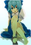  barefoot blue_eyes blue_hair bow cirno feet shoes short_hair single_shoe solo toe-point toes tongori touhou wings 