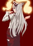  bow fire fujiwara_no_mokou fuurin_(omaemona) hair_bow hair_ribbon long_hair looking_back pants red_eyes ribbon shirt silver_hair solo touhou white_shirt 