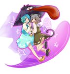  animal_ears bad_id bad_pixiv_id blue_hair grey_hair heterochromia jewelry karakasa_obake kuzumiya_yuyu mouse_ears mouse_tail multiple_girls nazrin pendant purple_umbrella sandals short_hair tail tatara_kogasa tongue touhou umbrella 