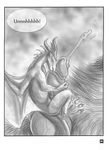  2010 anthro anthro_on_feral bestiality canine claws comic cum dialogue dragon duo erection eyes_closed feral fur gay greyscale horn hug interspecies knot male mammal monochrome orgasm penis rukis scalie size_difference sketch text vein wings wolf 