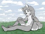  alex anthro brown_eyes canine cloud cub fangs freckles fur grass grey_fur hand_on_knee harmarist male mammal navel nude one_eye_closed outside sheath sheath_and_knife sitting sky solo thumbs_up white_fur wink wolf young 