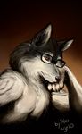  anthro brown_background brown_eyes canine claws clothed clothing detailed eyewear fur glasses grey_fur half-dressed hand_on_face harmarist looking_at_viewer male mammal plain_background portrait sheath_and_knife solo topless whiskers will wolf 